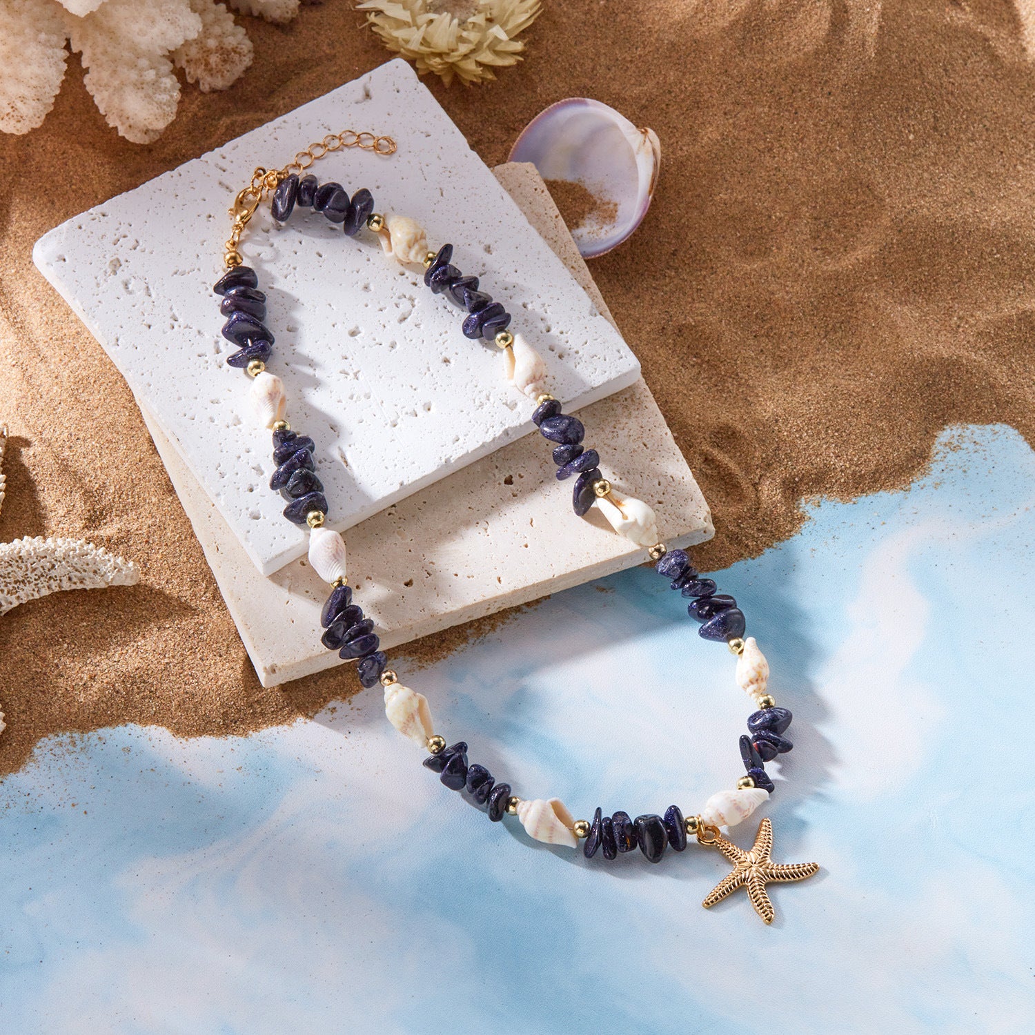 Bohemian-Style Starfish Jewelry Summer Beach-Themed Crushed Stone Starfish And Conch Necklace