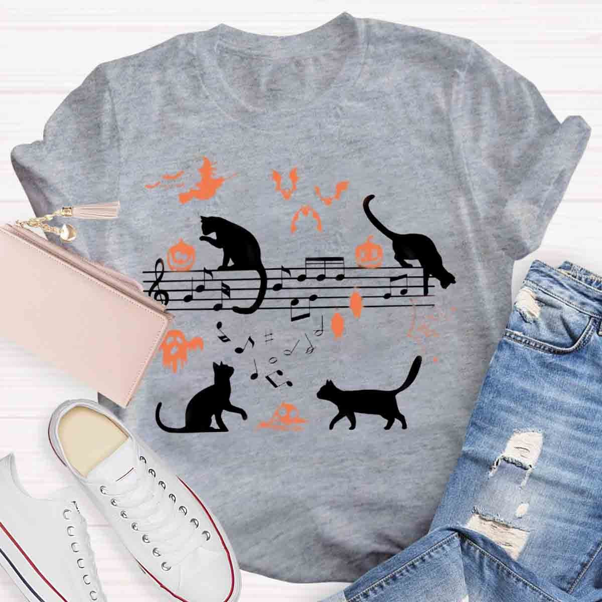 Ghost Cat Music Notes Halloween Music Teacher T-Shirt
