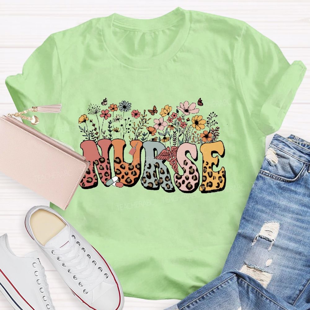 Floral Leopard School Nurse Teacher T-Shirt