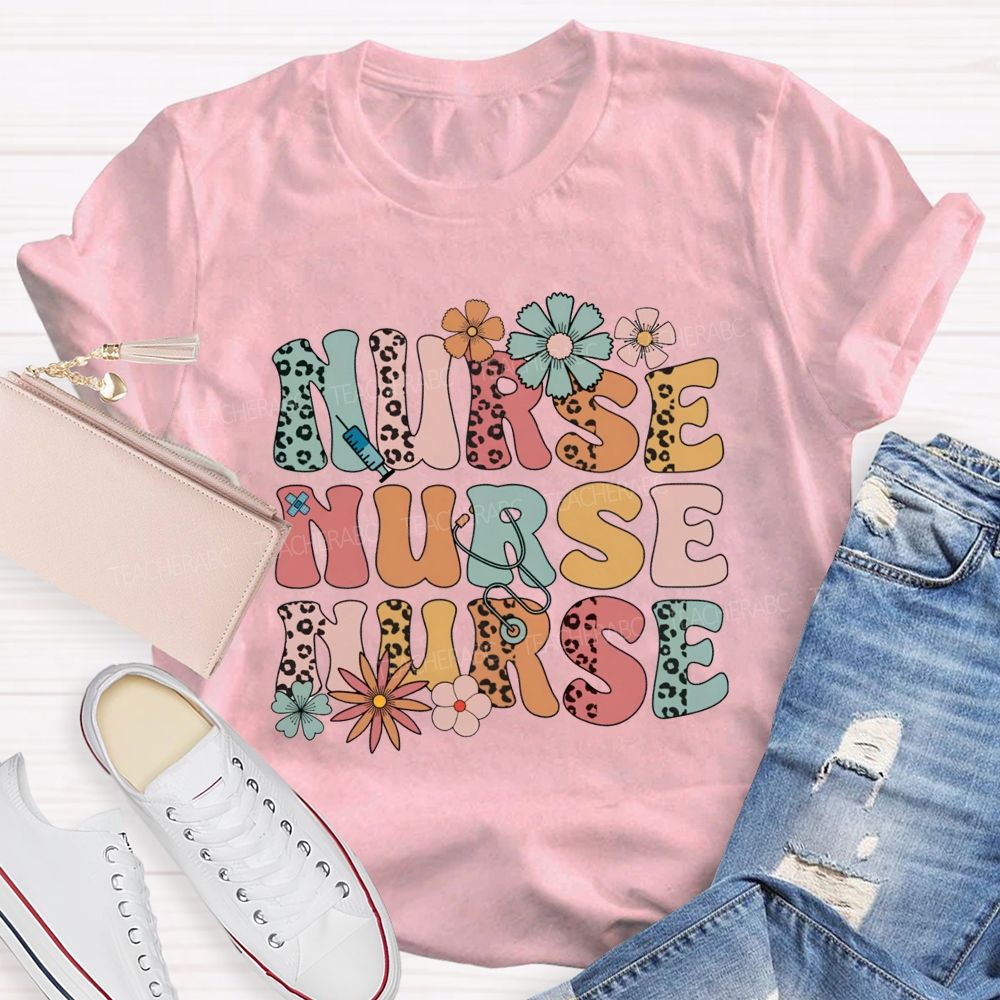 School Nurse Leopard Printed Flower Teacher T-Shirt