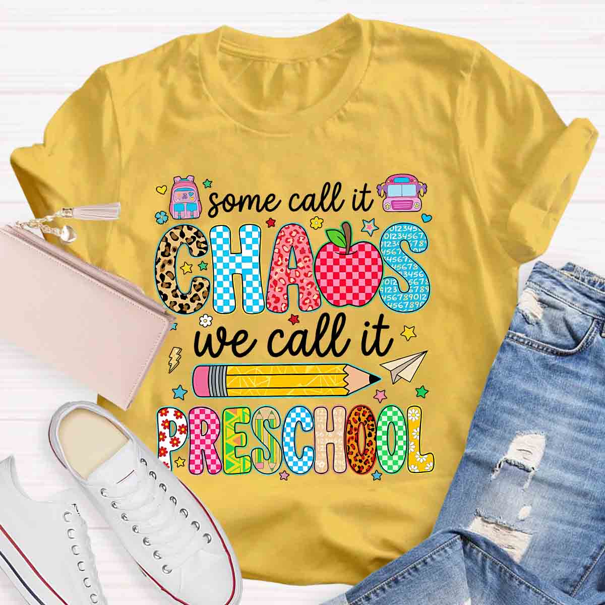 Some Call It Chaos We Call It Preschool Leopard Apple Back To School Teacher T-shirt