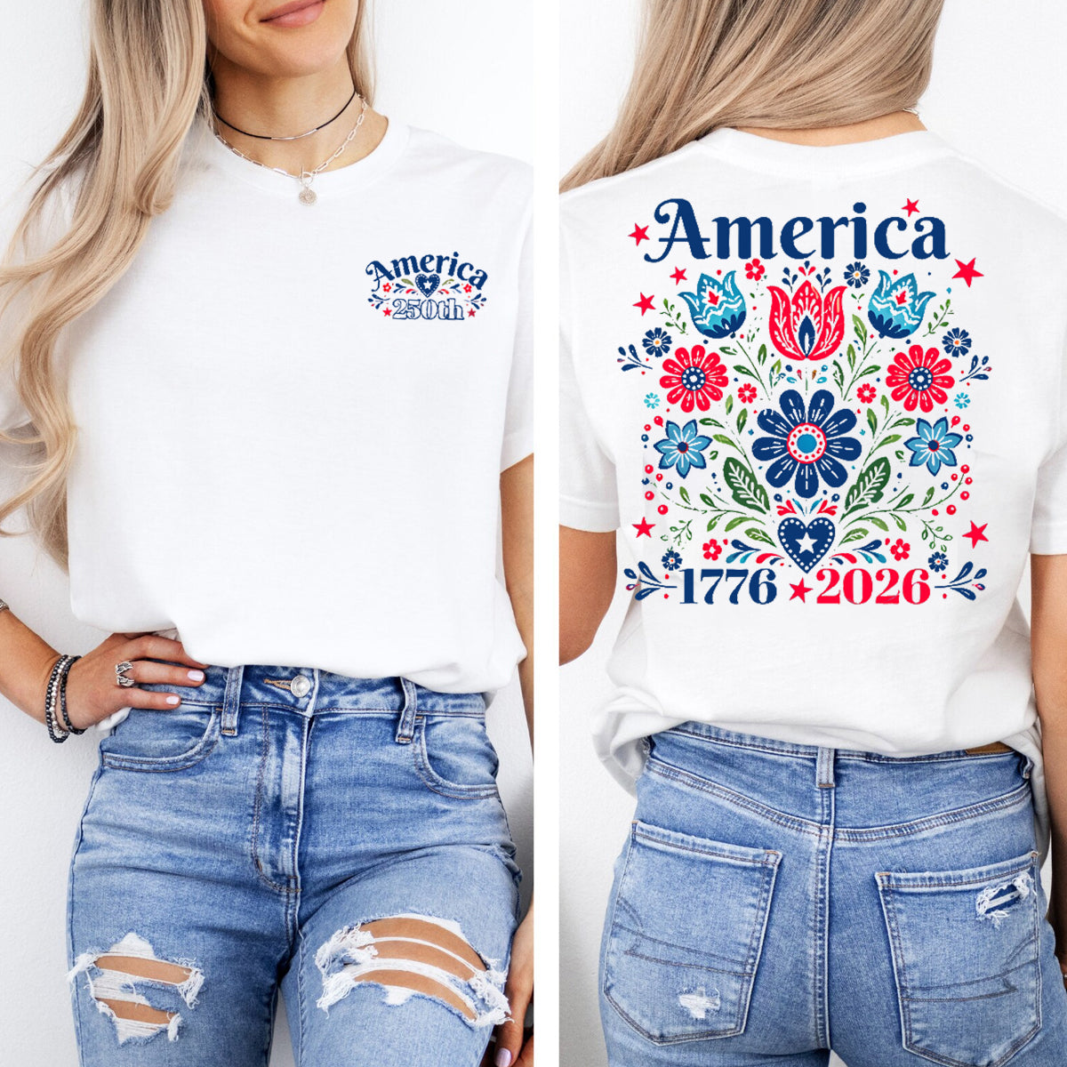 America 250th Flowers Graphics Double Printed T-shirt