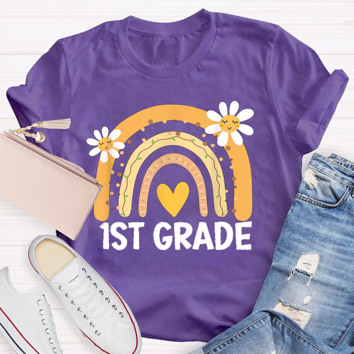 Personalized Grade Rainbow Flowers Teachers T-shirt