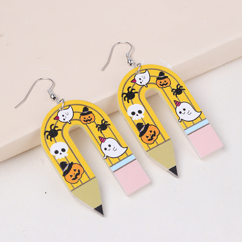 Ghost U-Shaped Pencil Spider Pumpkin Earrings