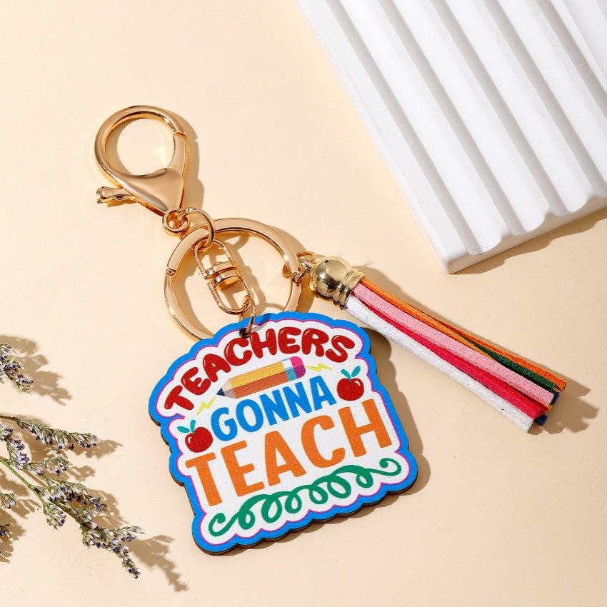 Rainbow Wooden Tassel Pendant Keychain