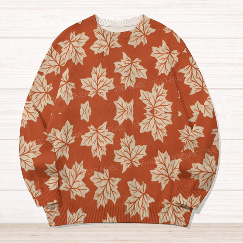 Orange Maple Leaf Print All-Over Print Sweater