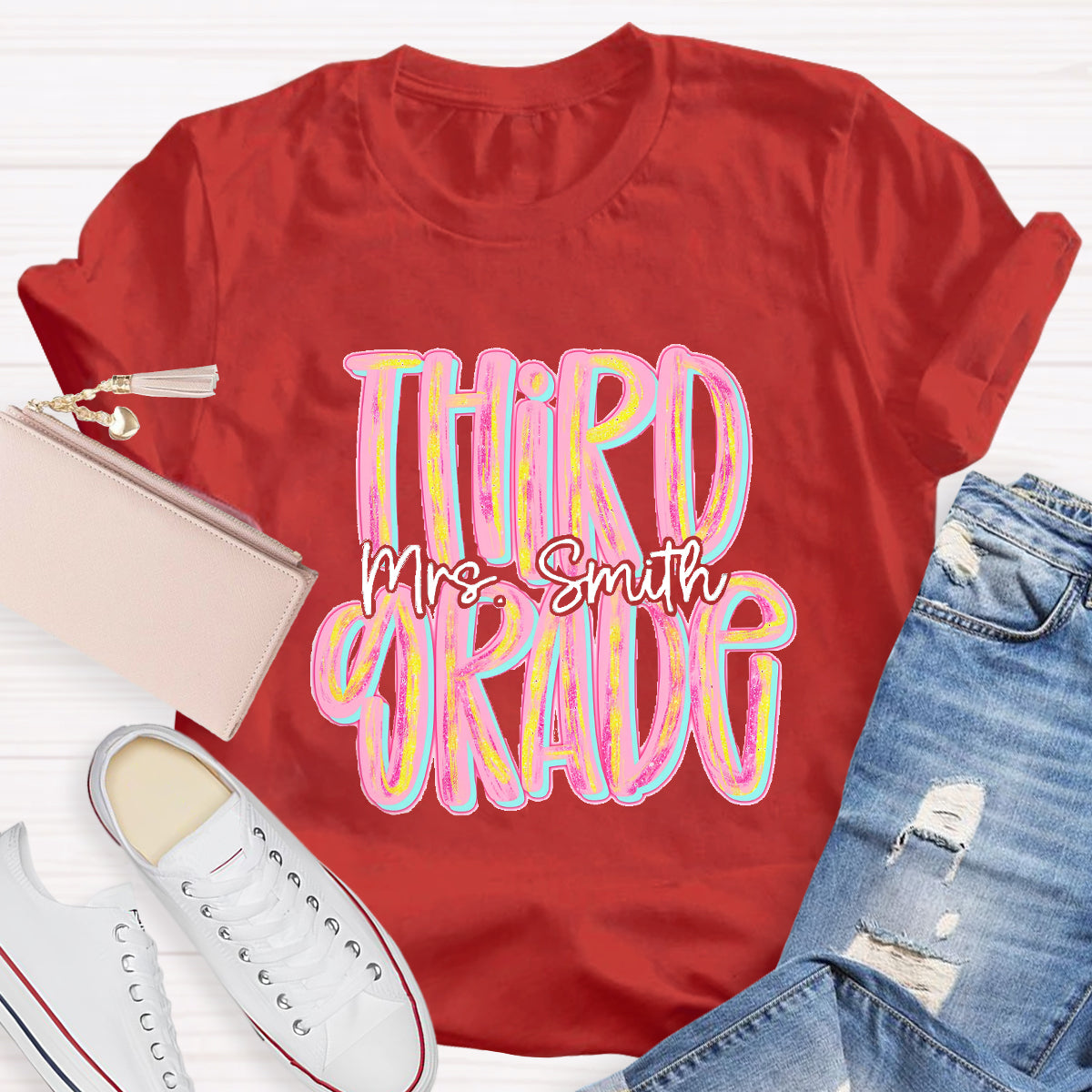 Personalized Grade And Name Pink Second Grade Teacher T-Shirt