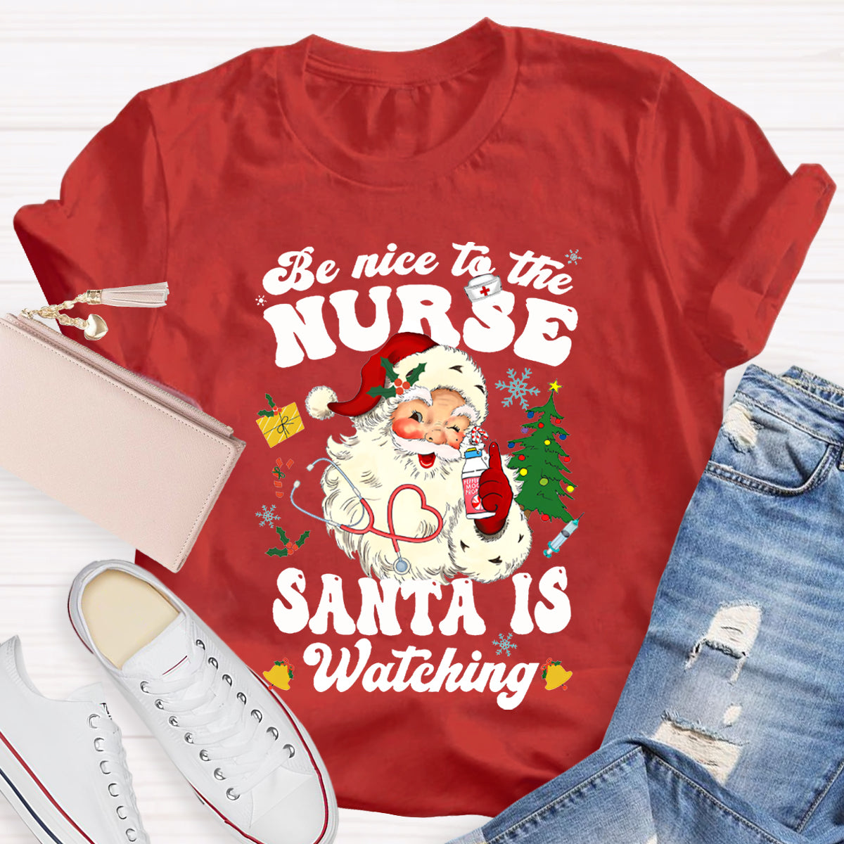 Be Nice To The Nurse Santa Is Watching Merry Christmas T-shirt