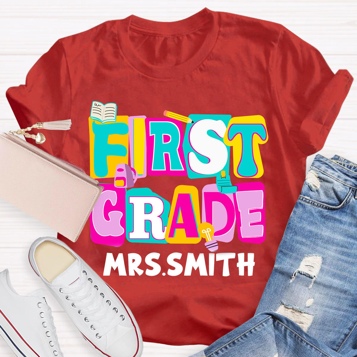 Personalized Grade And Name Colorful Letter Squad Pencil Teacher T-shirt