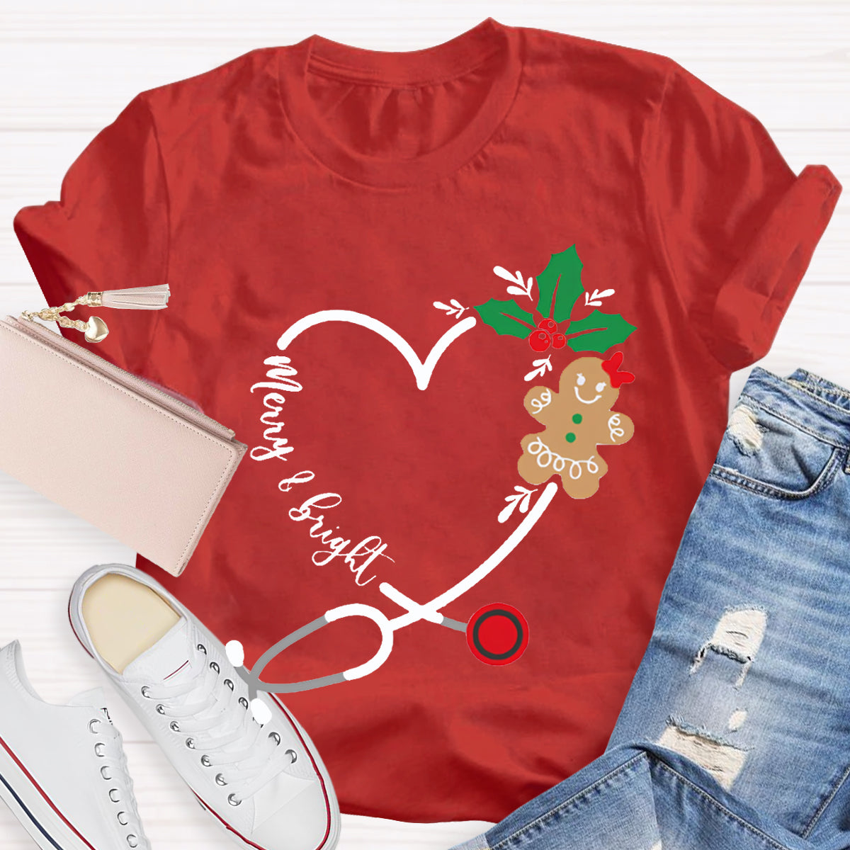 Merry And Bright Christmas School Nurse Stethoscope T-shirt
