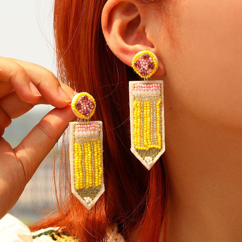 Handmade Beaded Glass Seed Bead Heart Pencil Earrings