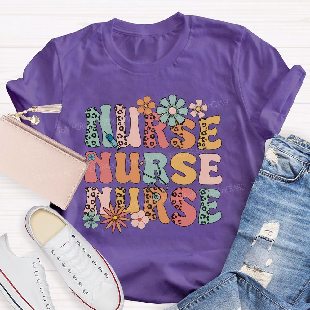 School Nurse Leopard Printed Flower Teacher T-Shirt