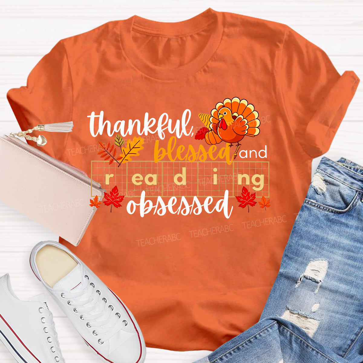 Thankful Blessed And Reading Obsessed Fall Reading Teacher T-shirt