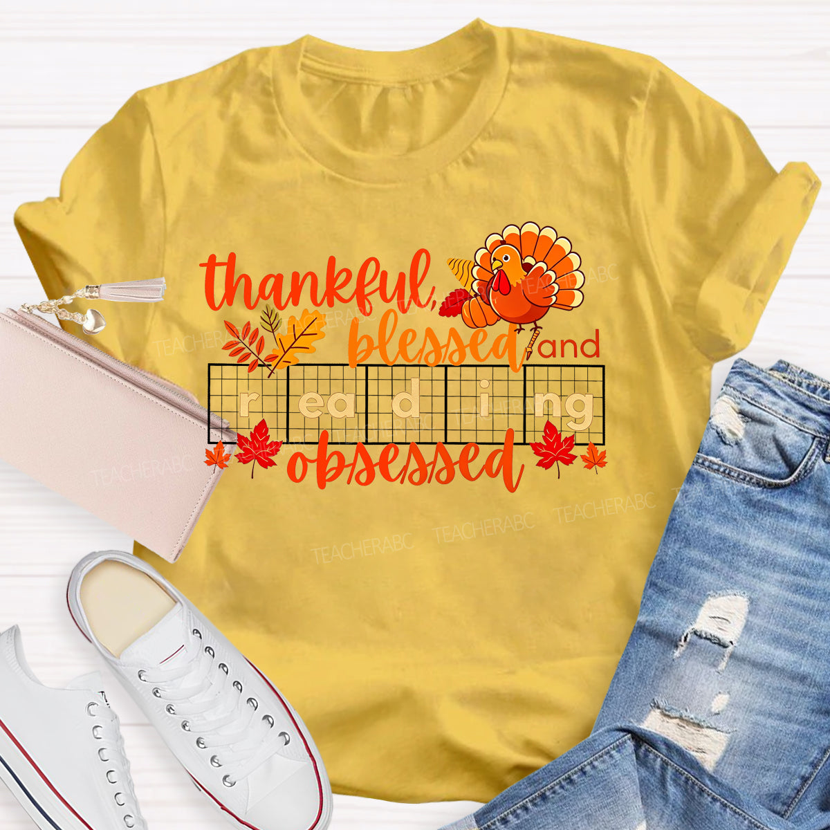 Thankful Blessed And Reading Obsessed Fall Reading Teacher T-shirt