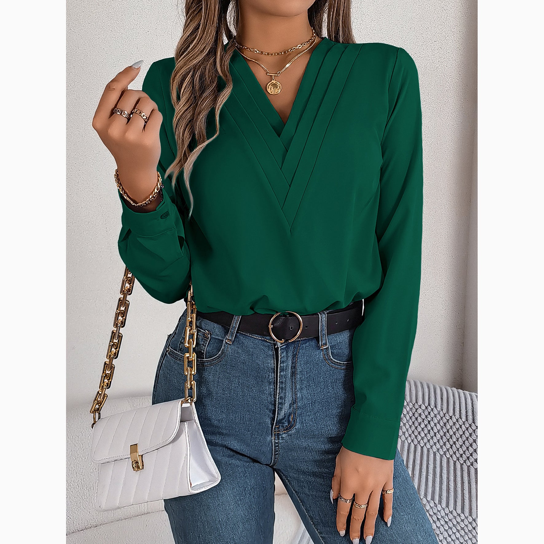 Layered V-Neck Long-Sleeved Shirt