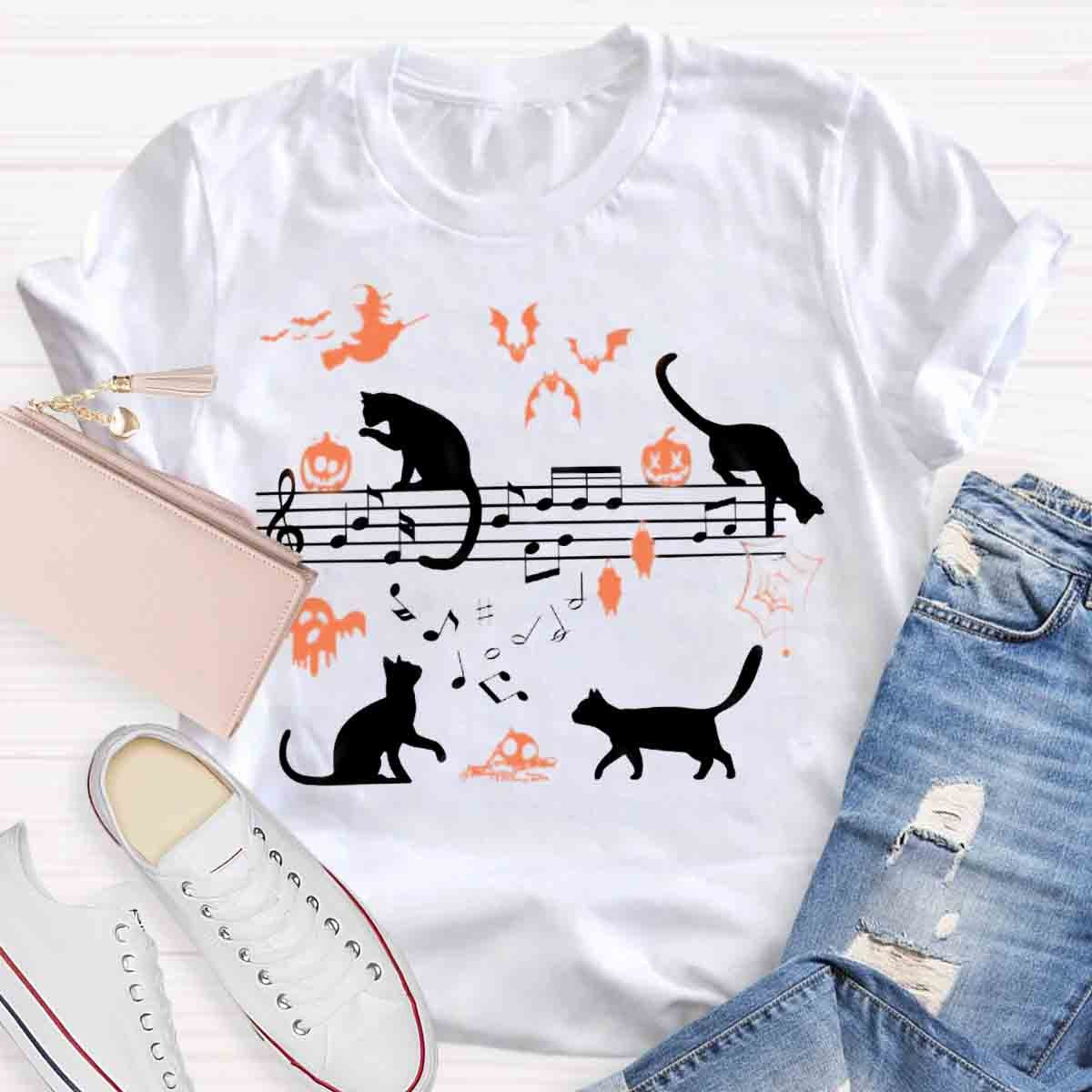Ghost Cat Music Notes Halloween Music Teacher T-Shirt