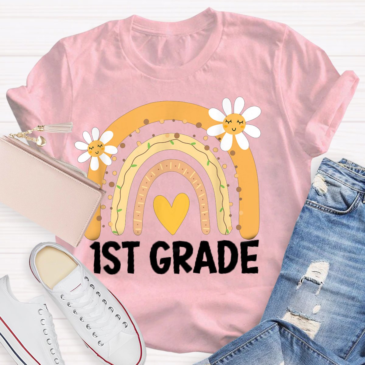 Personalized Grade Rainbow Flowers Teachers T-shirt