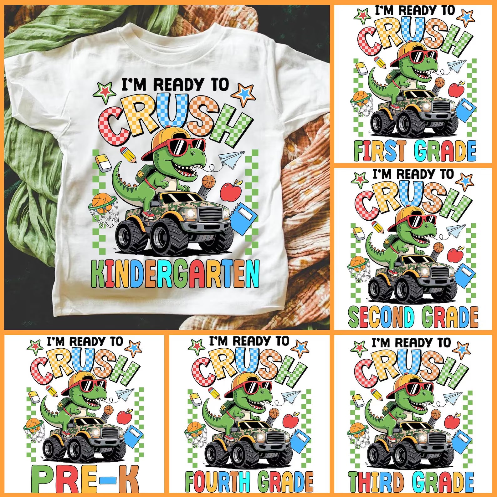 Personalized Grade I'M Ready To Crush Kindergarten Dino Truck Toddler T-shirts