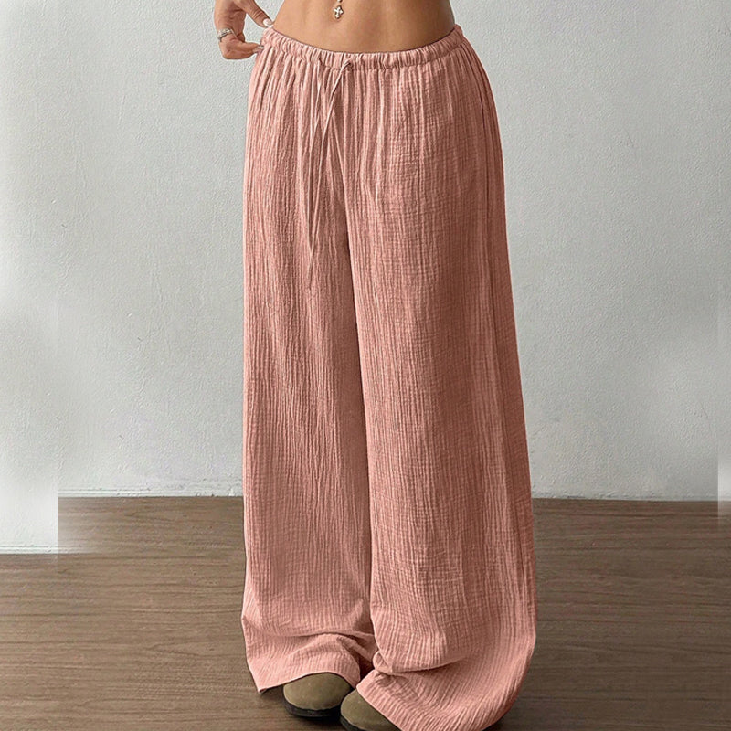 Casual Solid Color Loose Wide-Leg Floor-Length Trousers