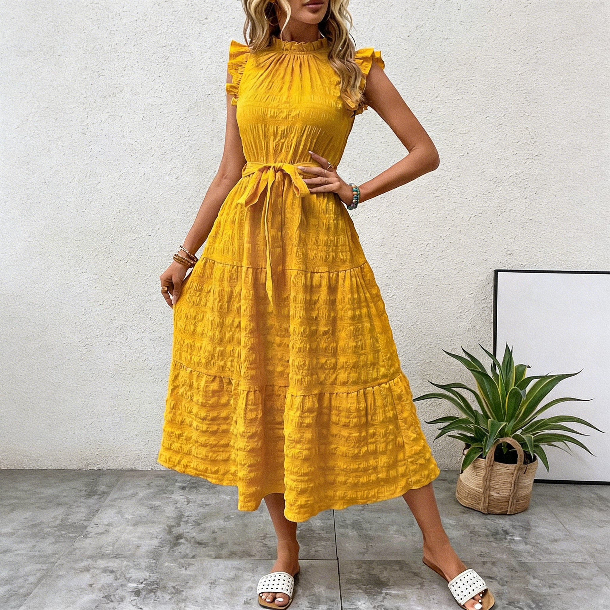 Ruffled Trim Flutter Sleeves Tie-Up Textured Dress