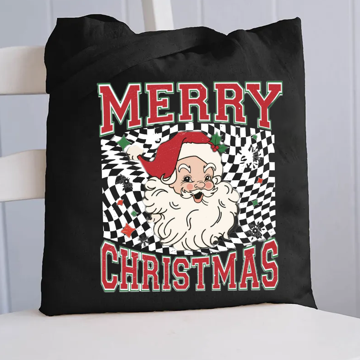Merry Christmas Plaid Print Santa Canvas Tote Bag