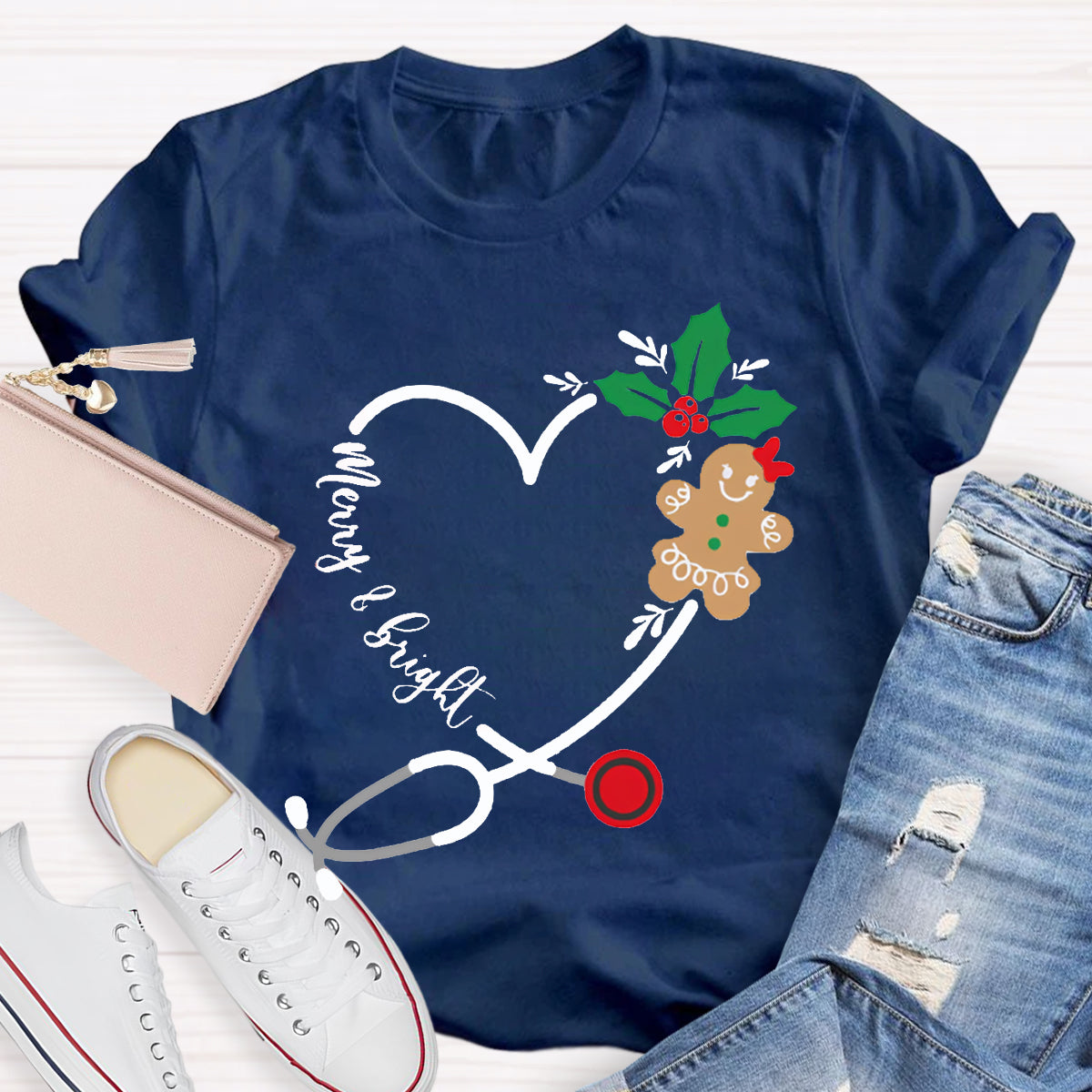 Merry And Bright Christmas School Nurse Stethoscope T-shirt