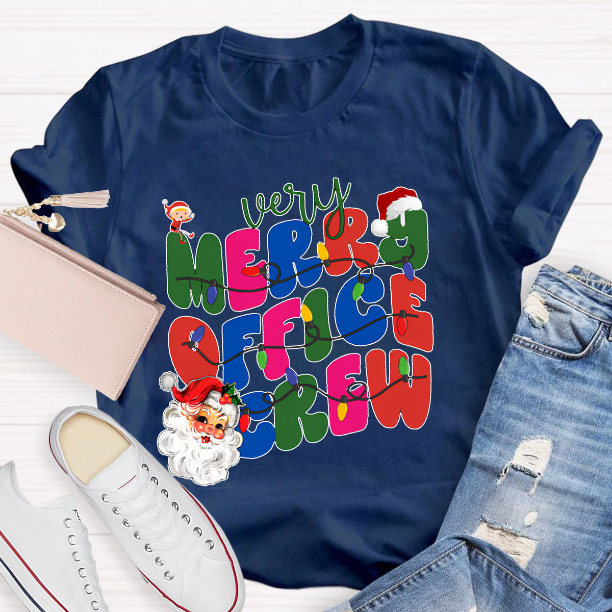 Very Merry Office Crew Santa Claus And Colorful Fonts T-shirt