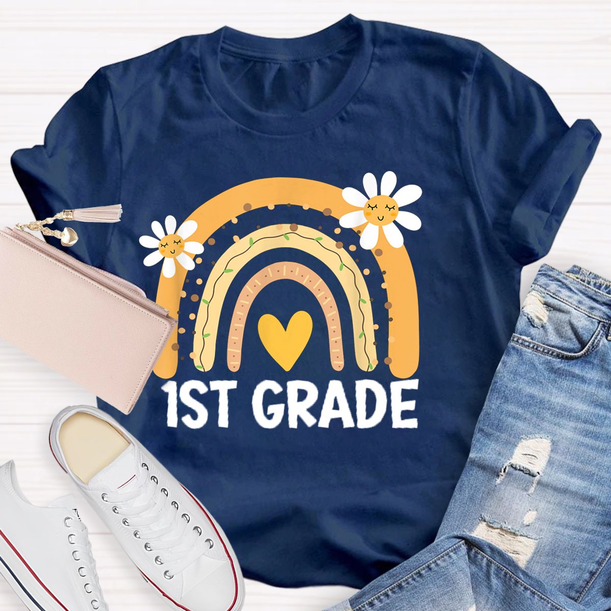 Personalized Grade Rainbow Flowers Teachers T-shirt