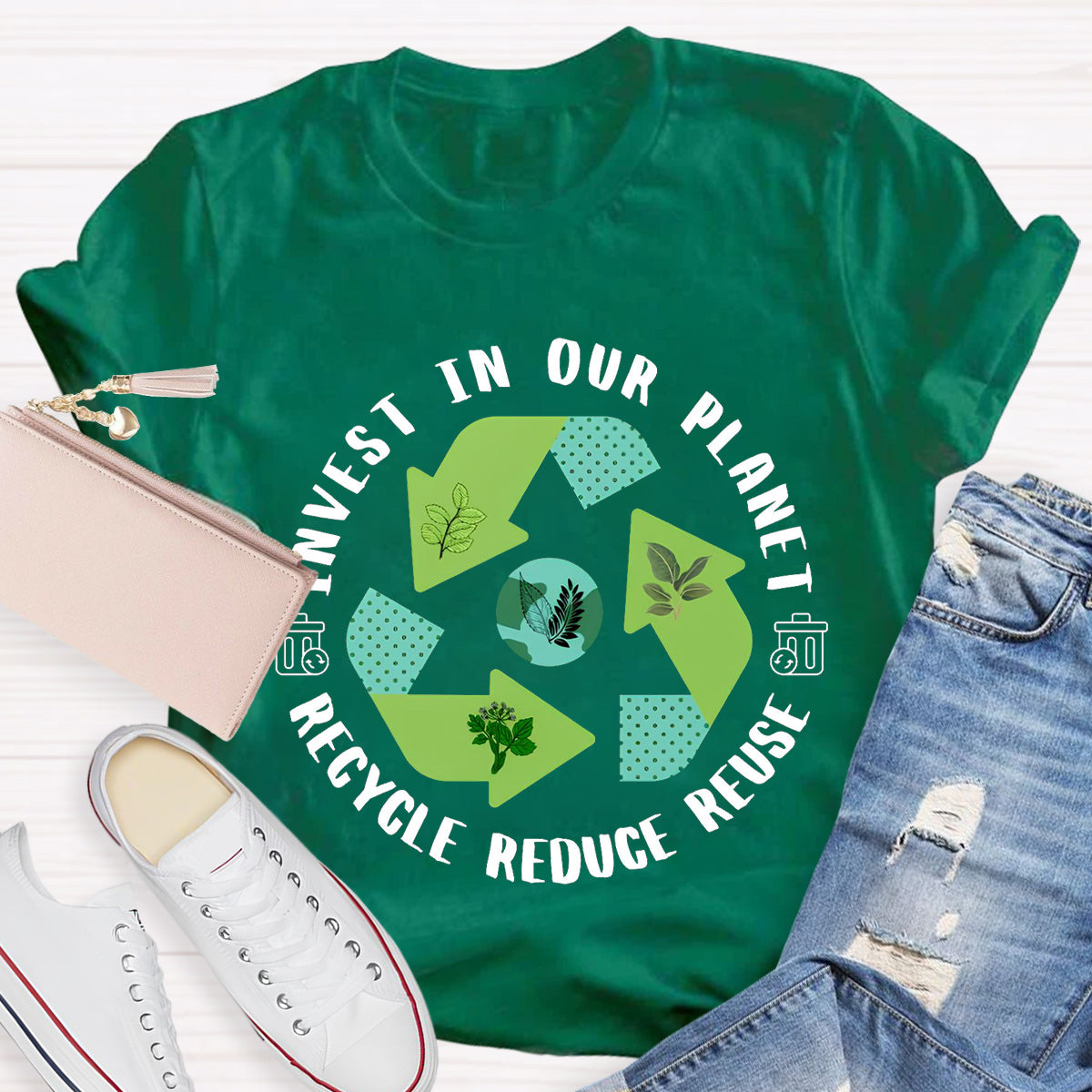 Invest In Our Planet Recycle Reduce Reuse Earth Day T-Shirt