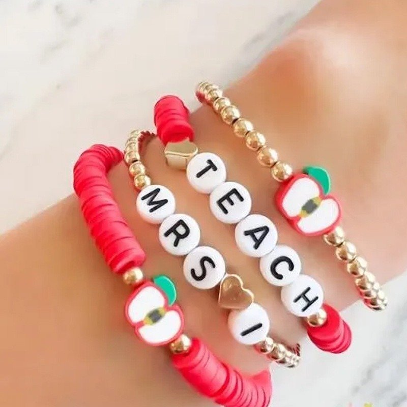 Round Beads English Alphabet Beaded Elastic Bracelet