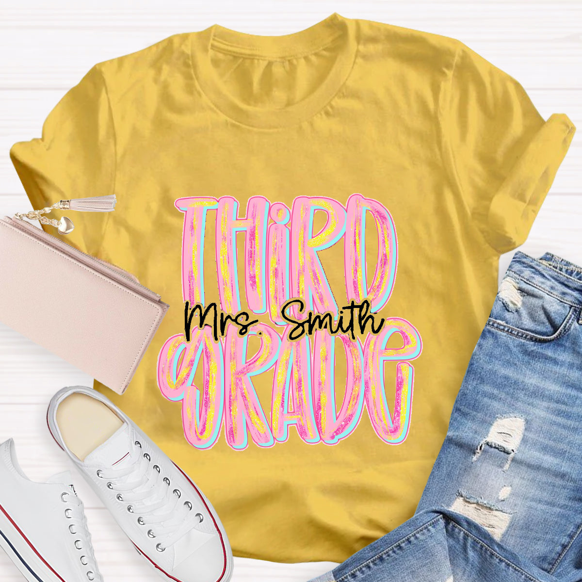 Personalized Grade And Name Pink Second Grade Teacher T-Shirt