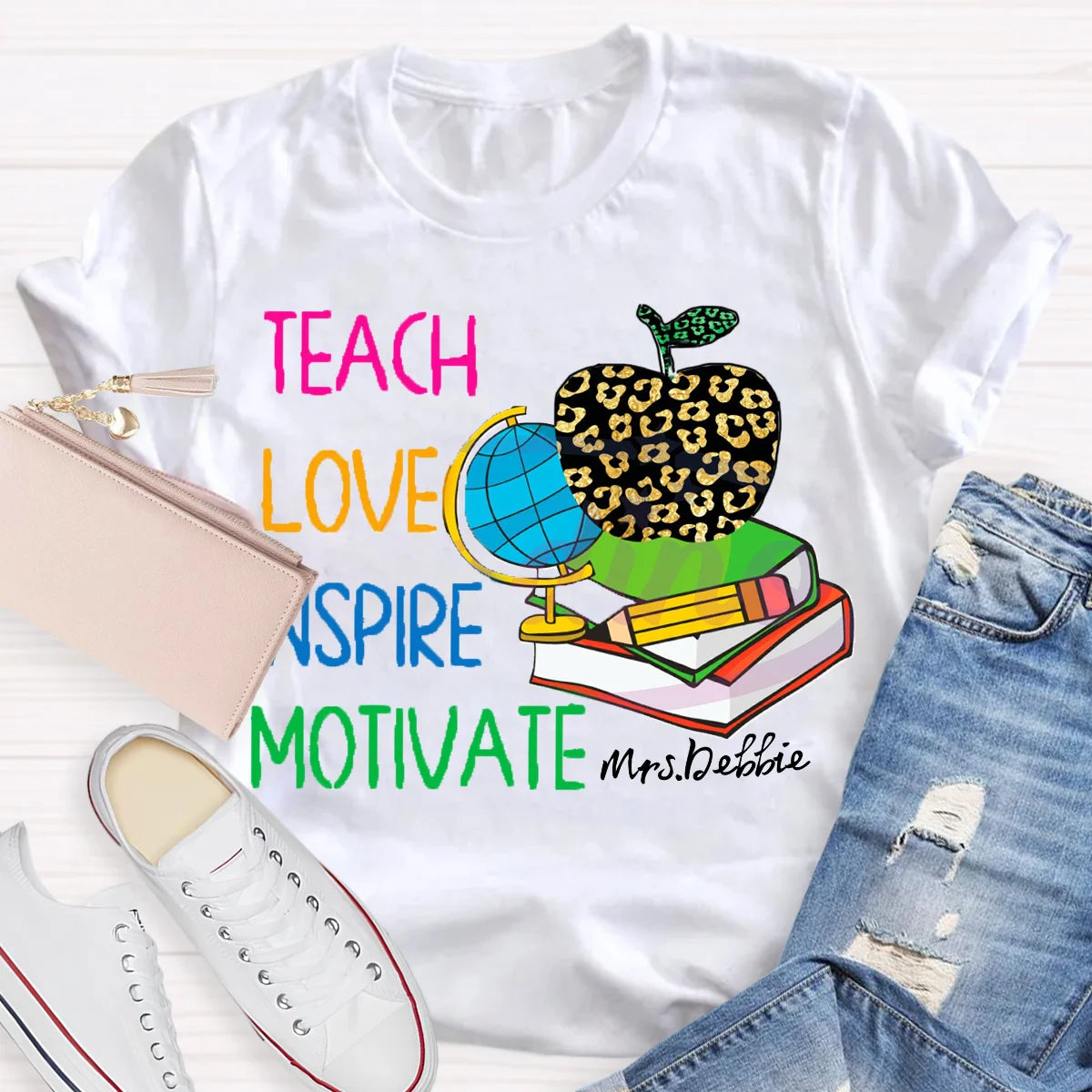 Personalized Name Teach Love Inspire Motivate Globe T-shirt
