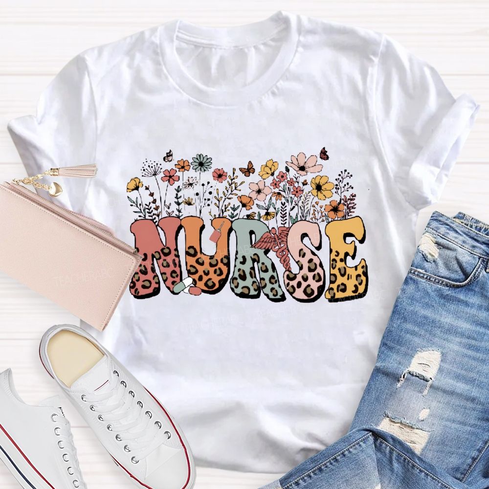 Floral Leopard School Nurse Teacher T-Shirt