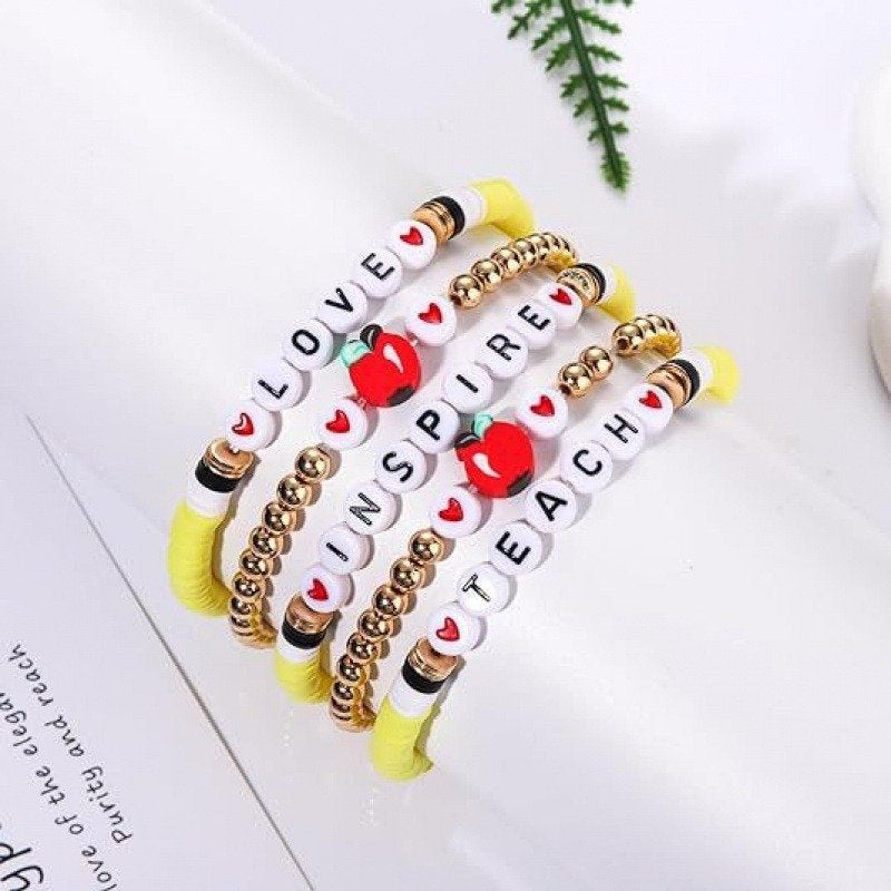 Round Beads English Alphabet Beaded Elastic Bracelet