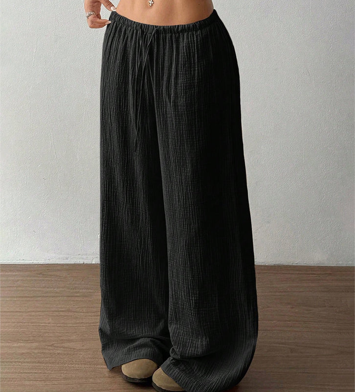 Casual Solid Color Loose Wide-Leg Floor-Length Trousers