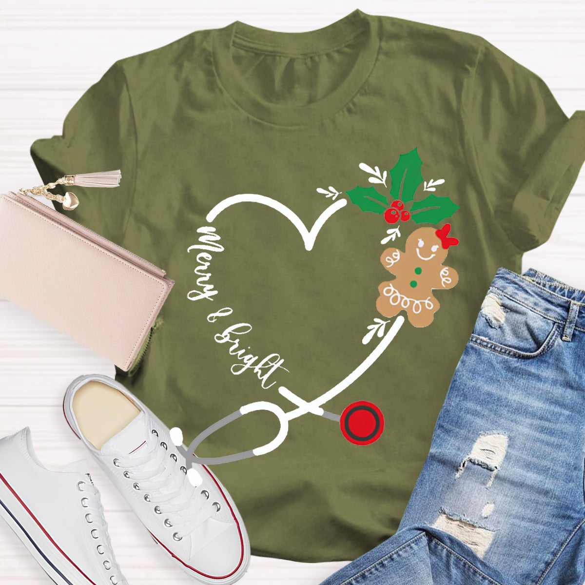 Merry And Bright Christmas School Nurse Stethoscope T-shirt