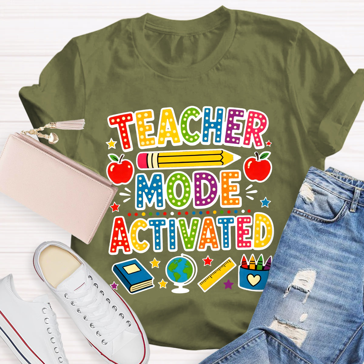 Teacher Mode Activated Polka Dot School Supplies Teacher T-shirt