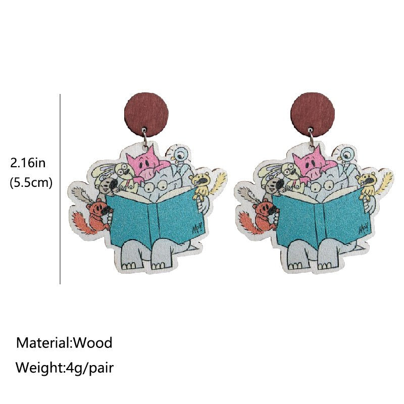 Cute Elephant Decimal Painting Reading Wooden Earrings