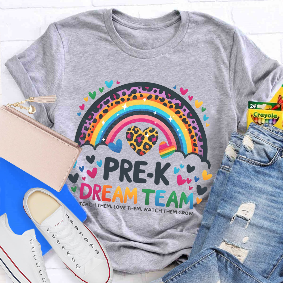 Personalized Grade Pre-K Dream Team Leopard Rainbow Teacher T-Shirt