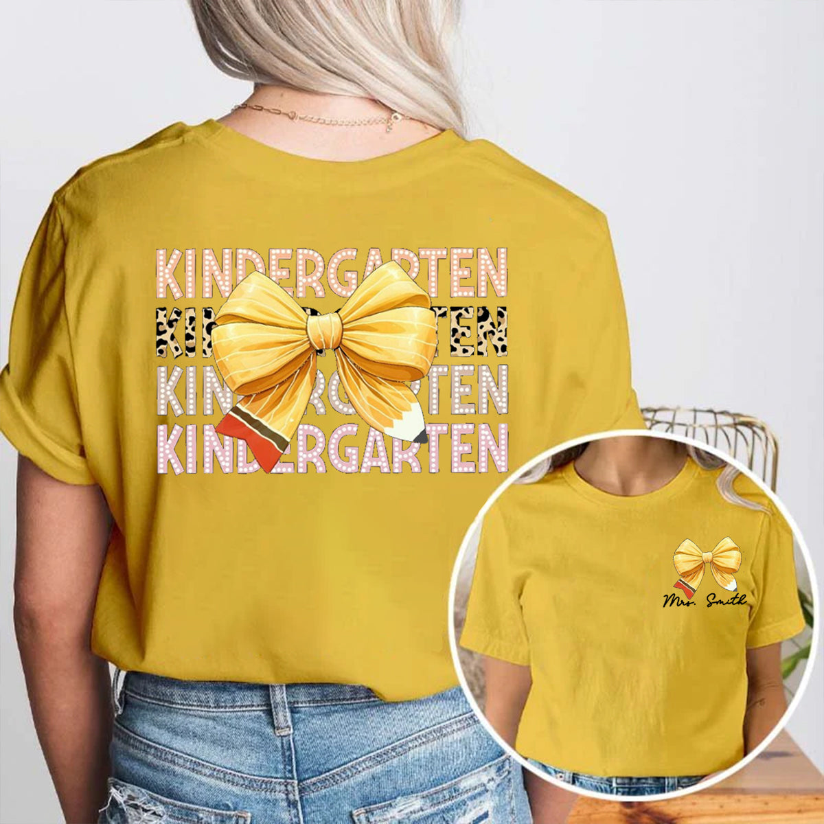 Personalized Grade And Name Pink Bow Double Printed T-shirt