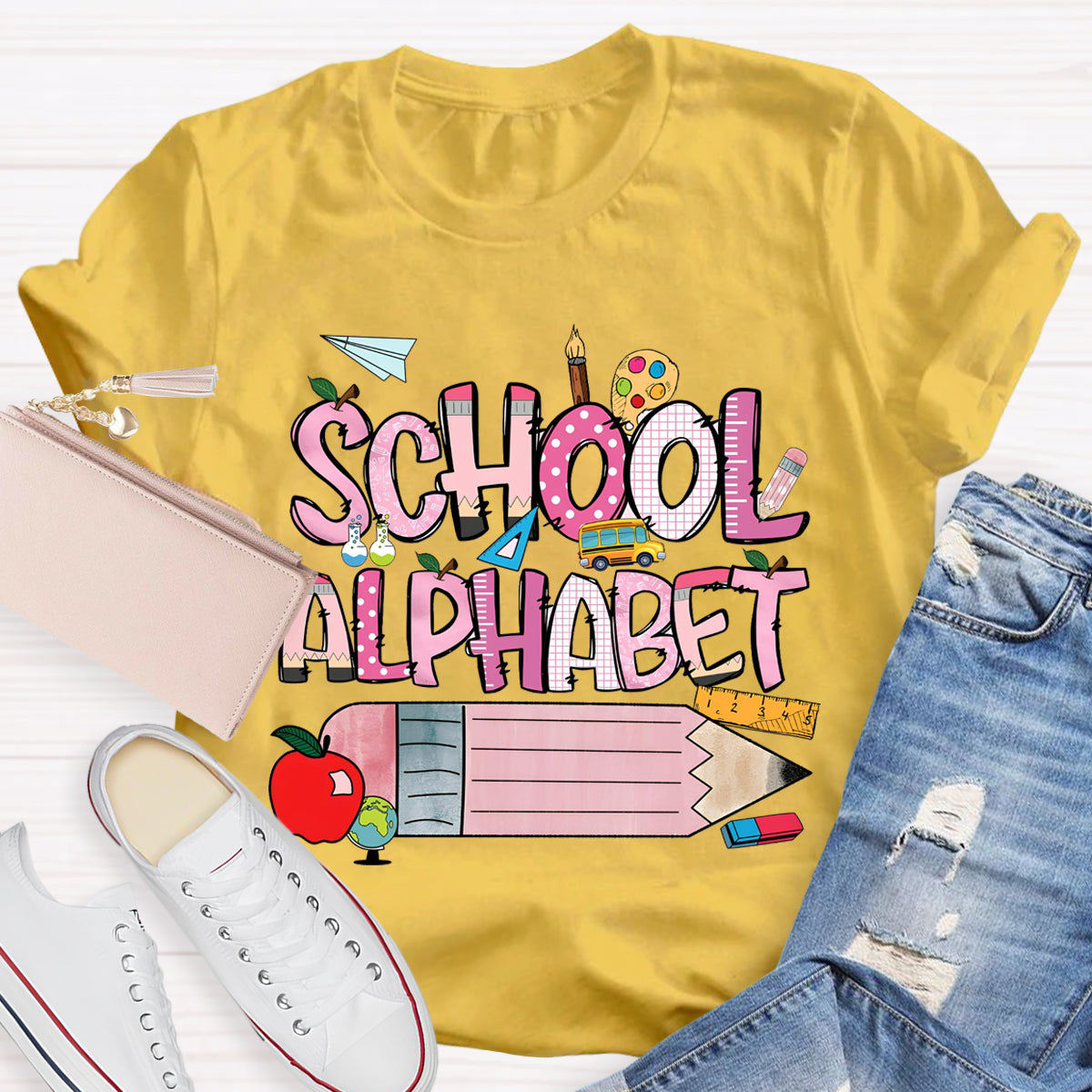 School Alphabet Pink Pencil Teacher T-Shirt