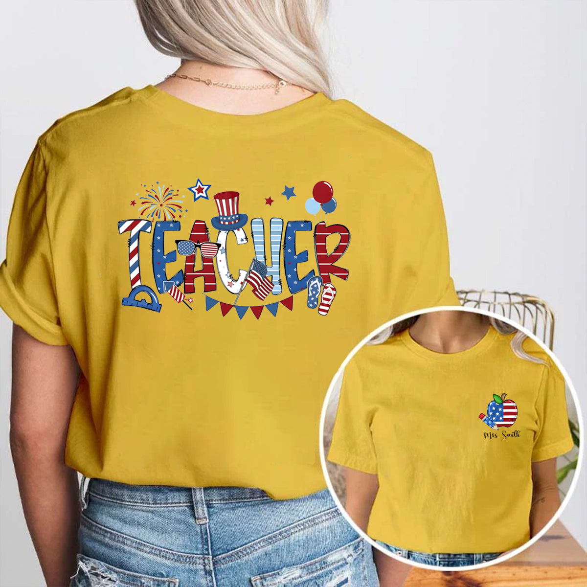 Personalized Name US Flag Apple Double Printed T-shirt