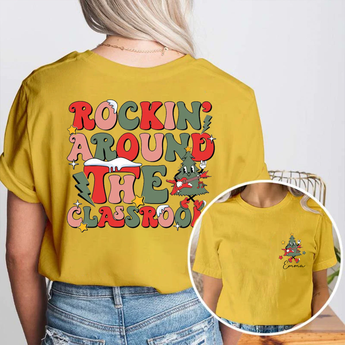 Personalized Name Rockin' Around The Classroom Double Printed T-shirt