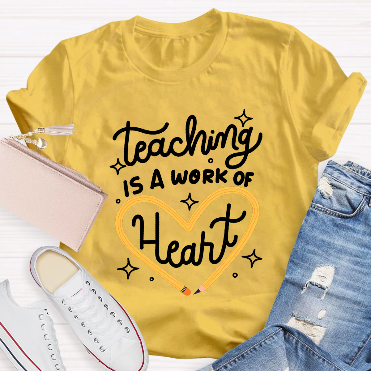 Teaching Is A Work Of Heart Pencil Heart T-Shirt