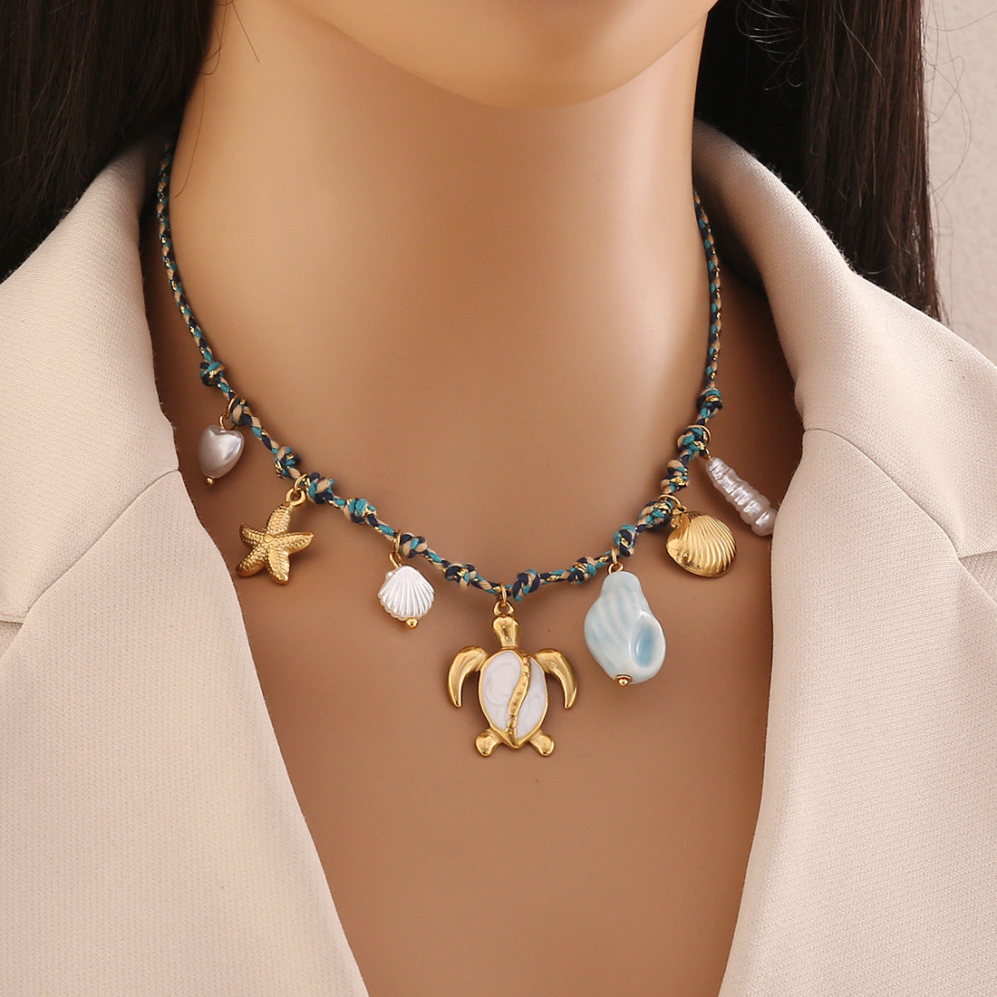 Bohemian Woven Starfish And Conch Beach Necklace