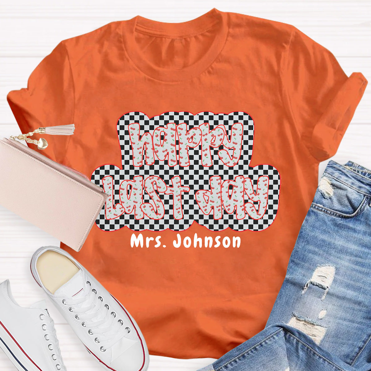Personalized Name Happy Last Day Checkerboard T-Shirt