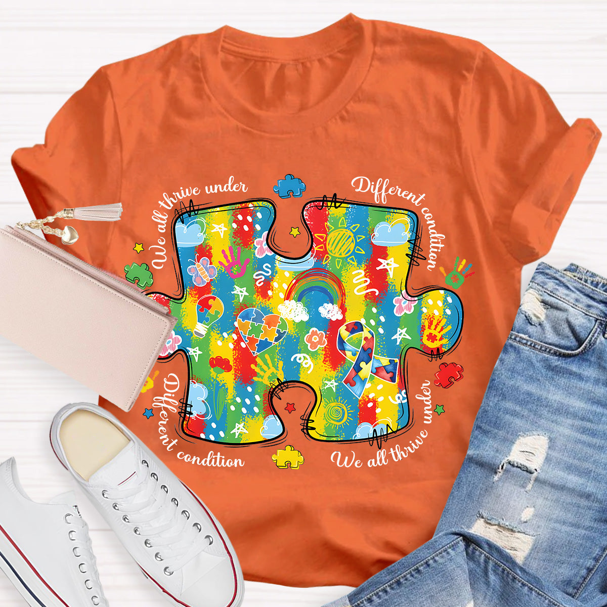 We All Think Under Different Condition Rainbow Puzzle Teacher T-Shirt