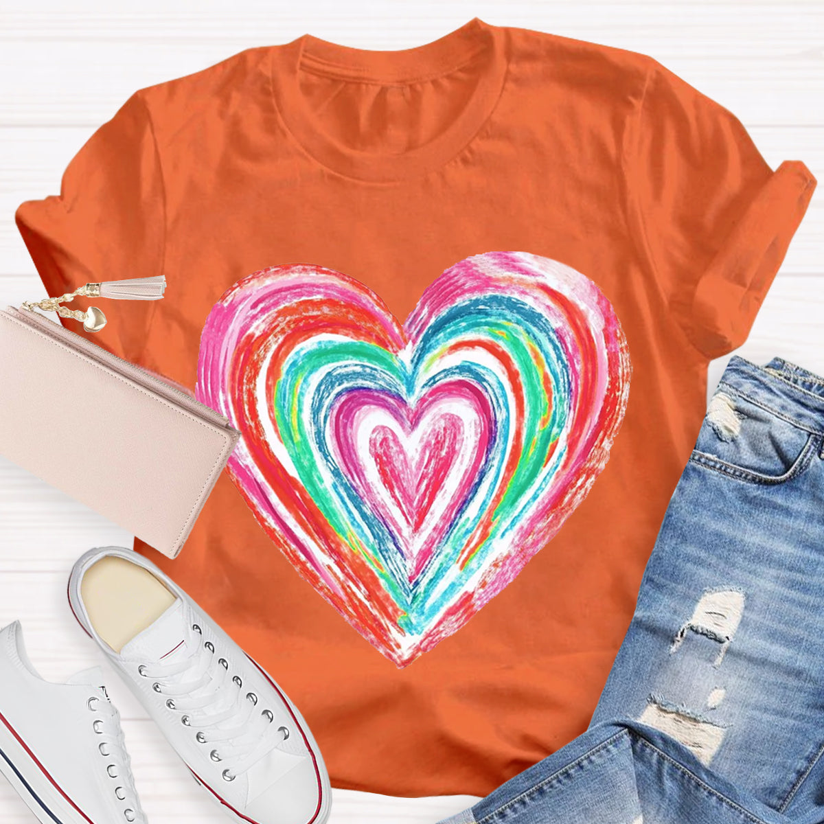 Valentines Colorful Rainbow Heart Teacher T-Shirt