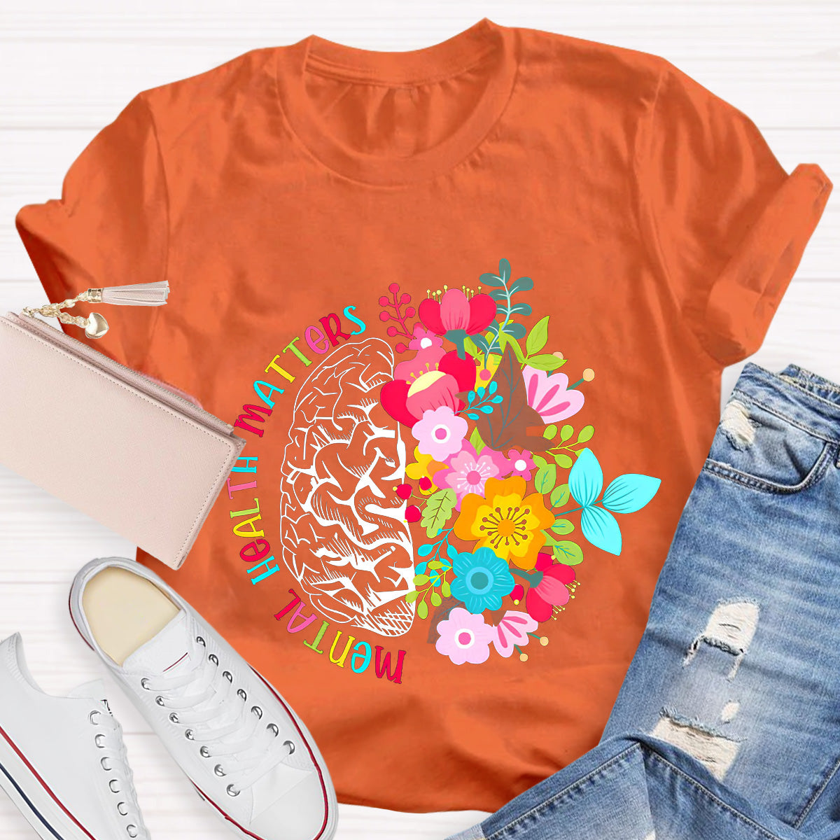 Mental Health Matters Floral Brain Teacher T-Shirt