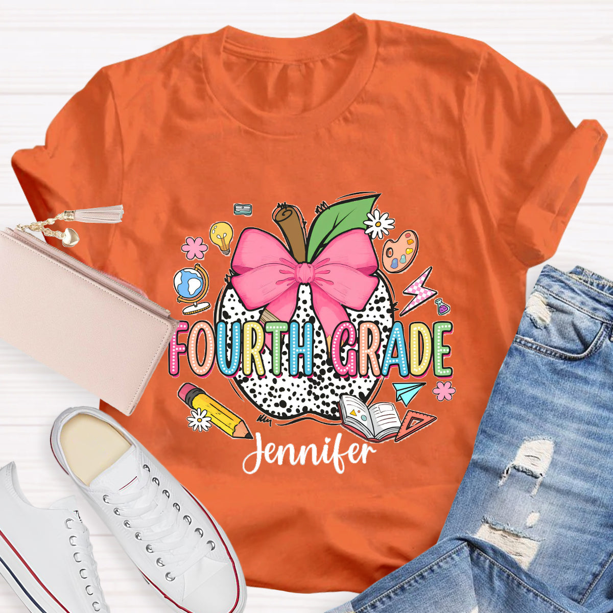 Personalized Teacher Name And Grade leopard print Apple T-Shirt